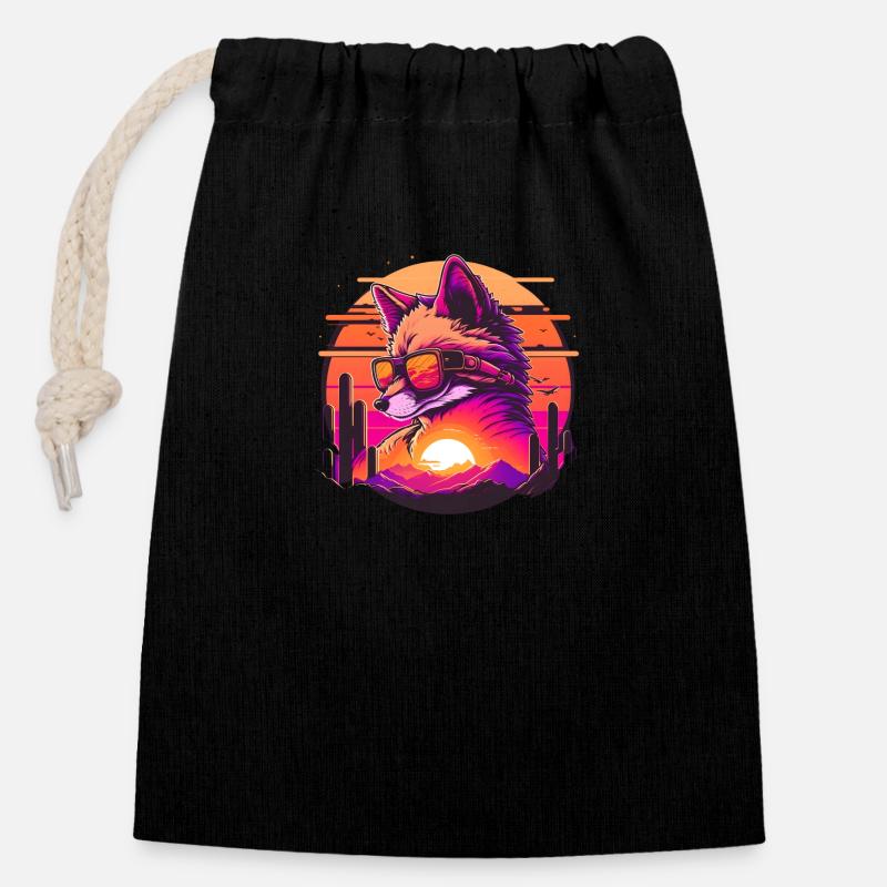 Synthwave Fox Sunset - Verschließbarer Geschenkbeutel aus Baumwolle (14x20cm) - Schwarz