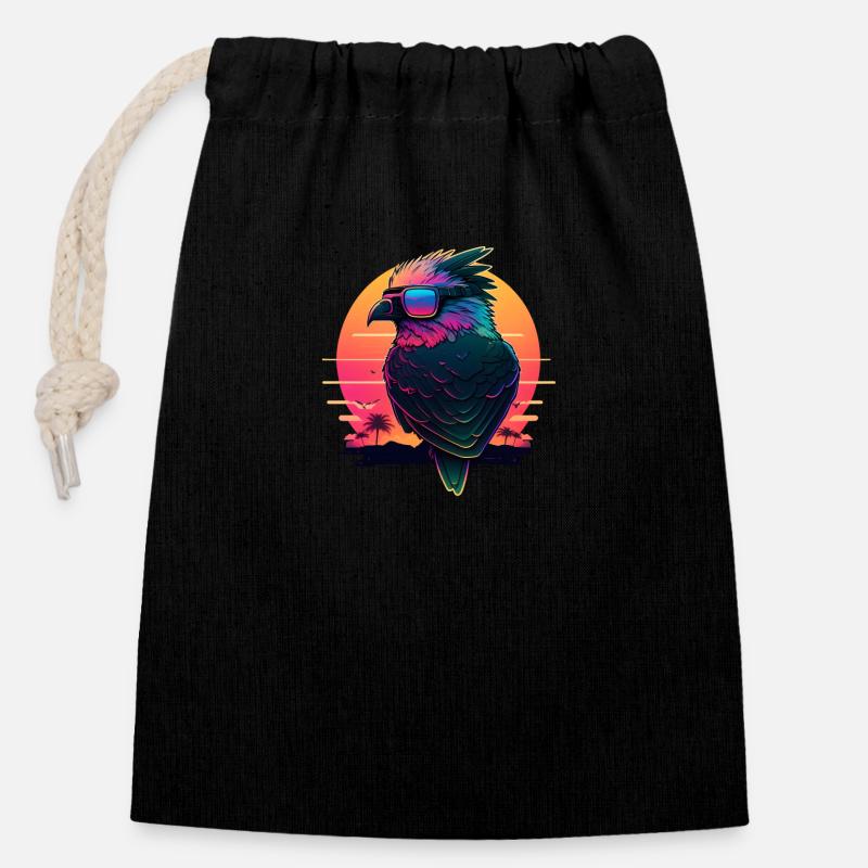 Synthwave sunset Bird - Verschließbarer Geschenkbeutel aus Baumwolle (14x20cm) - Schwarz