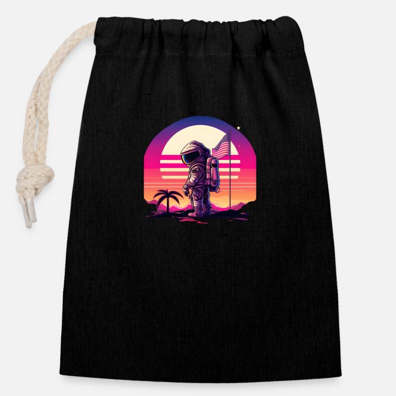 Synthwave Astronaut Space Sunset - Sac cadeau en coton avec cordon (14 x 20 cm) - noir