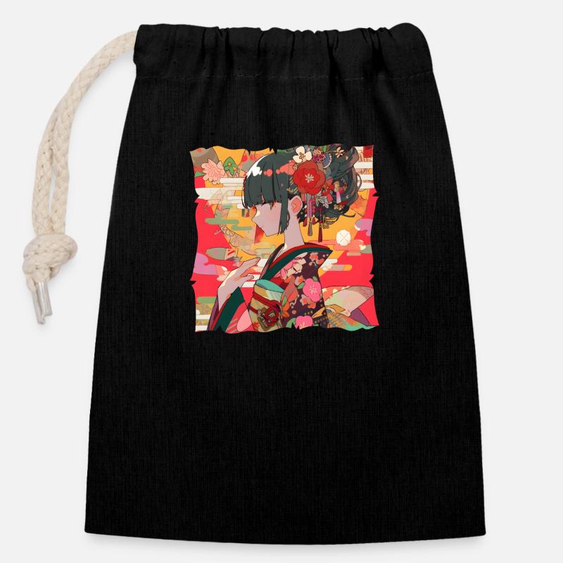 Japanisches Traditionelles Motiv #2 - Verschließbarer Geschenkbeutel aus Baumwolle (14x20cm) - Schwarz