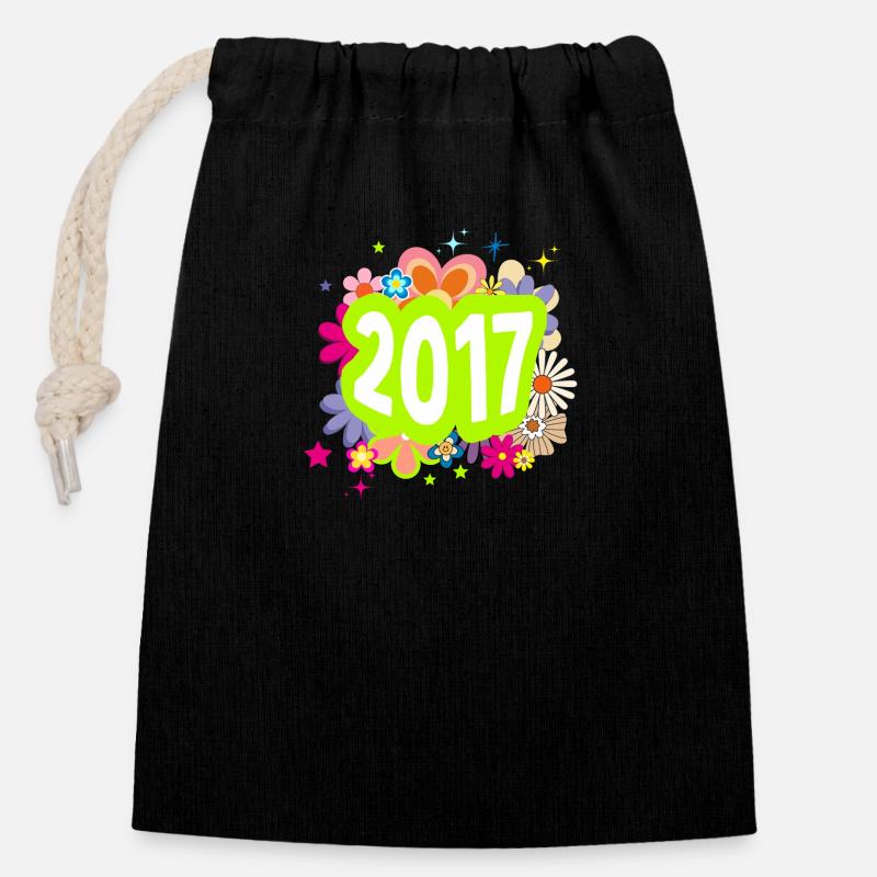 Année 2017 anniversaire Groovy floral - Sac cadeau en coton avec cordon (14 x 20 cm) - noir