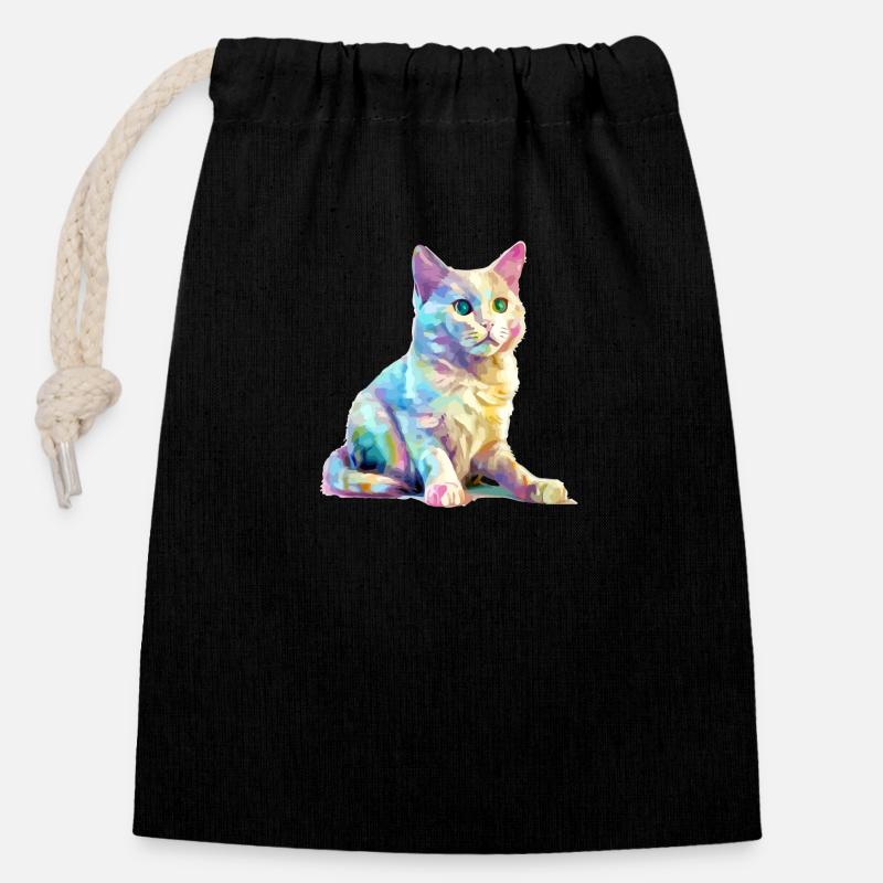 Obi die bunte Katze - Verschließbarer Geschenkbeutel aus Baumwolle (14x20cm) - Schwarz
