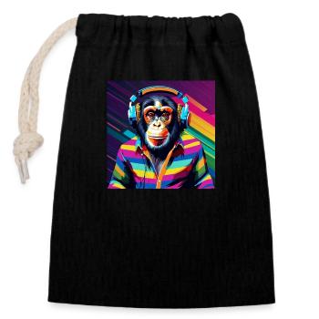 Monkey chimpanzee with headphones - Closable cotton gift bag (14x20cm) - black - Front