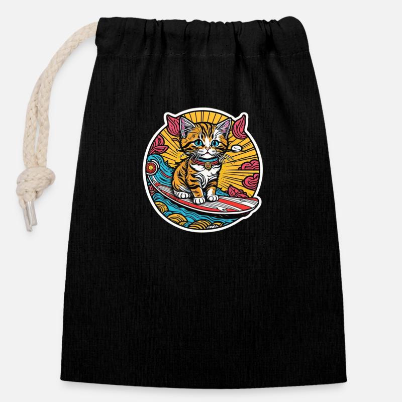 Chat mignon, petit minou surfant en été - Sac cadeau en coton avec cordon (14 x 20 cm) - noir