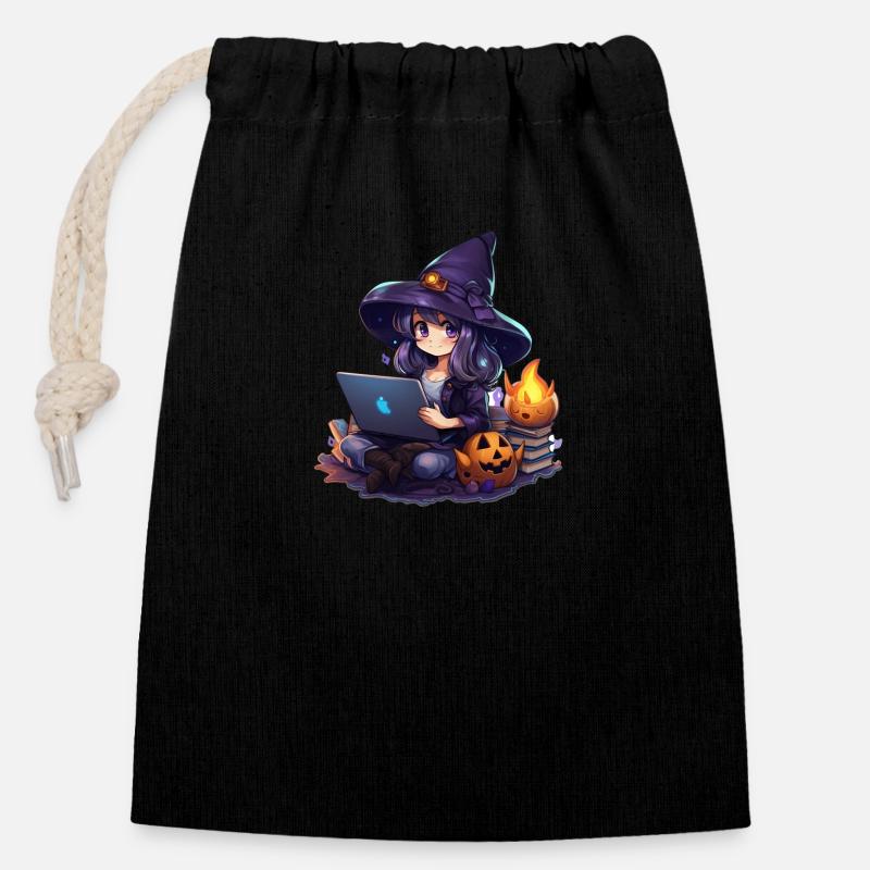 « Witchy Magic: Adorable Cartoon Craving » - Sac cadeau en coton avec cordon (14 x 20 cm) - noir