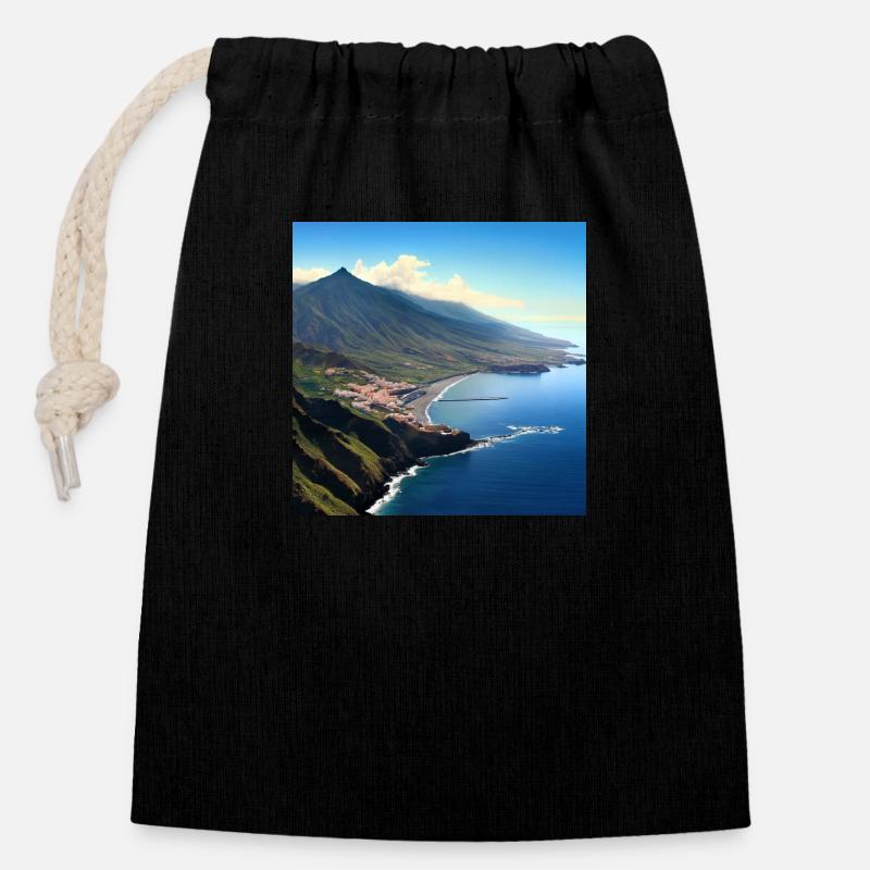 Volcan de l’île tropicale - Sac cadeau en coton avec cordon (14 x 20 cm) - noir