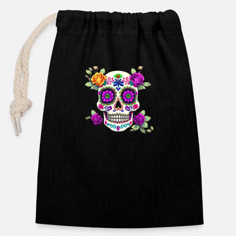 Dia de los Muertos - Sac cadeau en coton avec cordon (14 x 20 cm) - noir