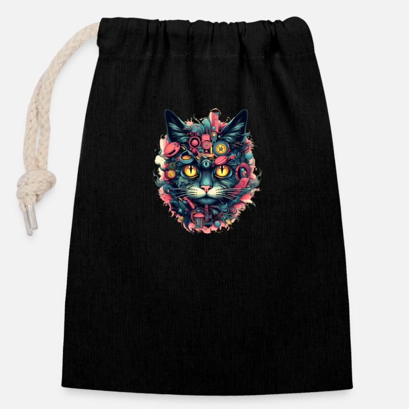 Chat Cyberpunk - Sac cadeau en coton avec cordon (14 x 20 cm) - noir