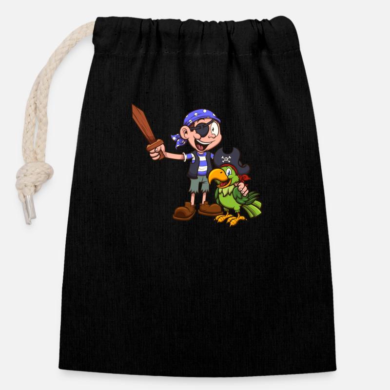 Pirate Kid Et Perroquet - Sac cadeau en coton avec cordon (14 x 20 cm) - noir