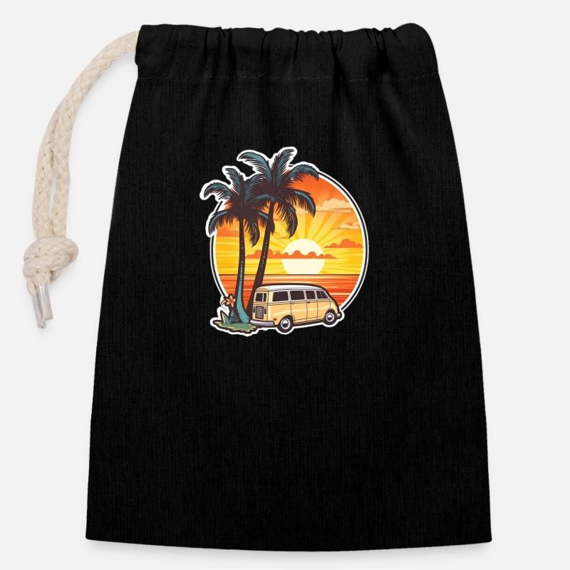 Van sur plage de cocotier mer océan - Sac cadeau en coton avec cordon (14 x 20 cm) - noir