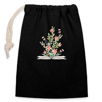 Livre ouvert avec des fleurs en croissance - Sac cadeau en coton avec cordon (14 x 20 cm) - noir - Devant