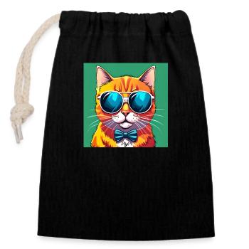 Chat chic avec des nuances et un nœud papillon - Sac cadeau en coton avec cordon (14 x 20 cm) - noir - Devant