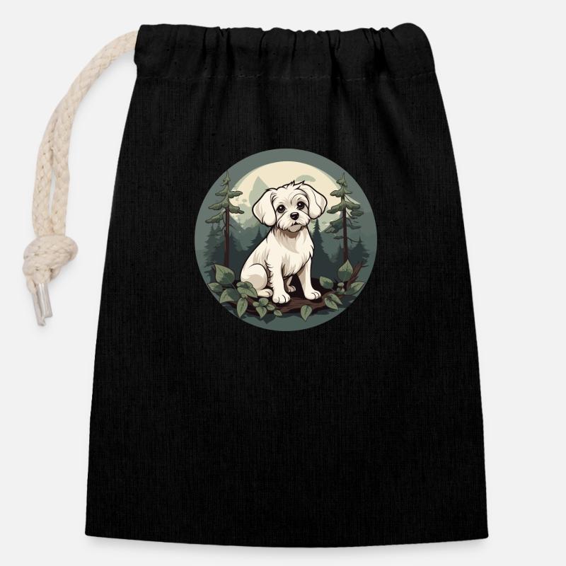 Chien maltais dans la forêt - Sac cadeau en coton avec cordon (14 x 20 cm) - noir