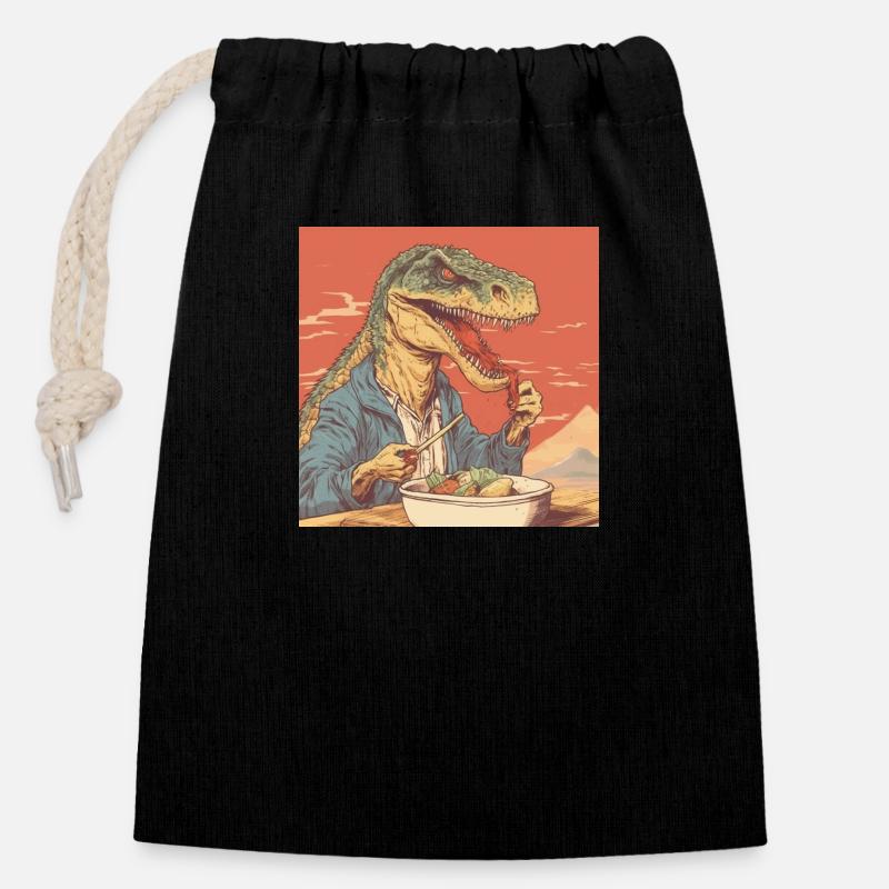 T-Rex mangeant des ramen - Sac cadeau en coton avec cordon (14 x 20 cm) - noir