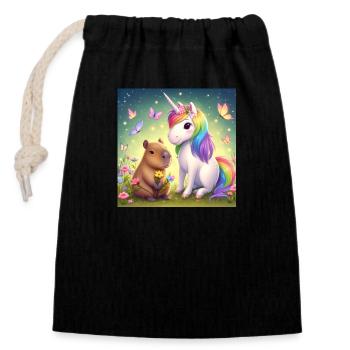 Capybara und Einhorn - Verschließbarer Geschenkbeutel aus Baumwolle (14x20cm) - Schwarz - Vorne