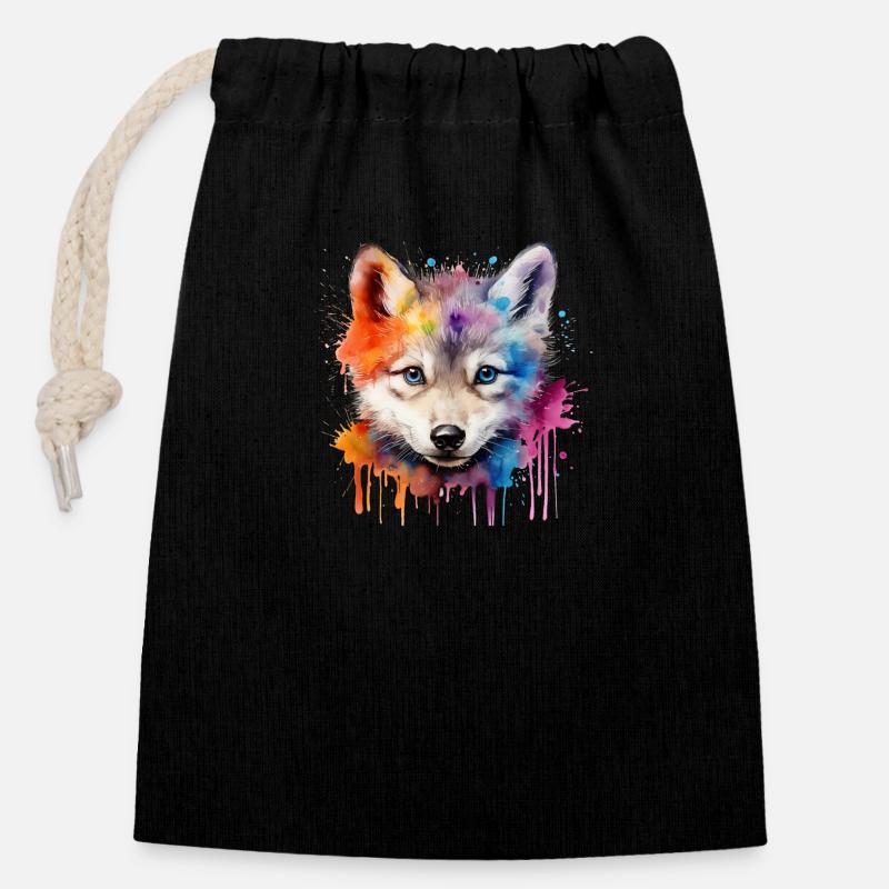 wolf, gray wolf, wolf cub - Closable cotton gift bag (14x20cm) - black