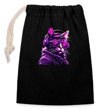 Techno Katze Neon - Verschließbarer Geschenkbeutel aus Baumwolle (14x20cm) - Schwarz - Vorne