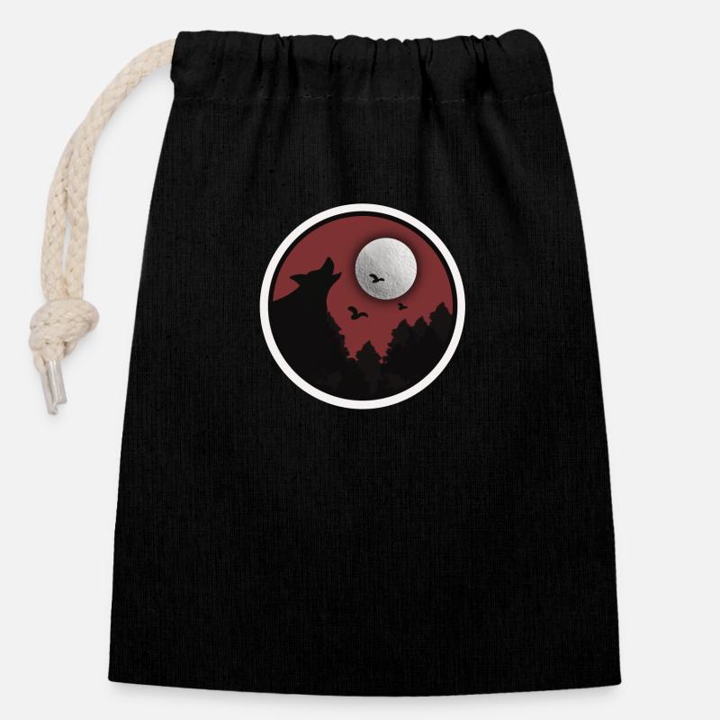 le loup dans la nuit - Sac cadeau en coton avec cordon (14 x 20 cm) - noir