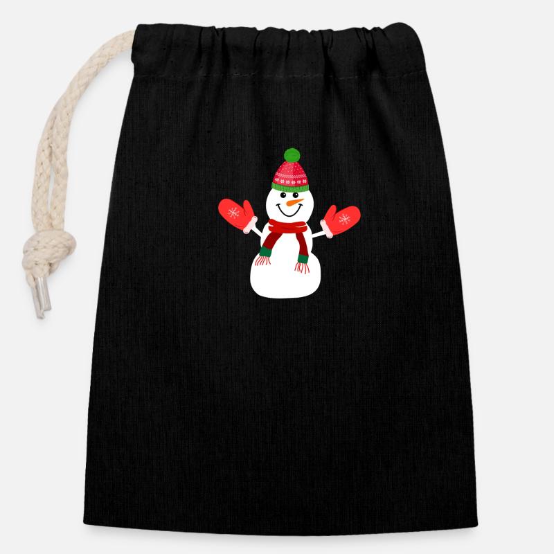 Weihnachts-Schneemann - Verschließbarer Geschenkbeutel aus Baumwolle (14x20cm) - Schwarz