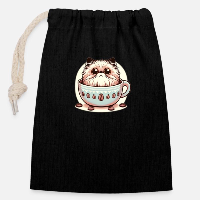 Chaton mignon dans une tasse de café - Sac cadeau en coton avec cordon (14 x 20 cm) - noir