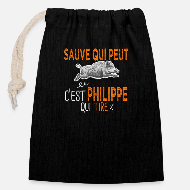 Philippe c est Philippe qui tire Humour Chasseur - Sac cadeau en coton avec cordon (14 x 20 cm) - noir