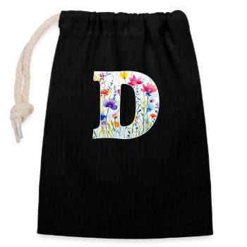 Lettre D, Monogramme, Motif Floral - Sac cadeau en coton avec cordon (14 x 20 cm) - noir - Devant