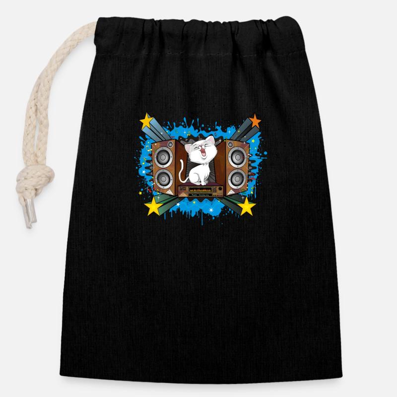 Chat qui chante - Sac cadeau en coton avec cordon (14 x 20 cm) - noir