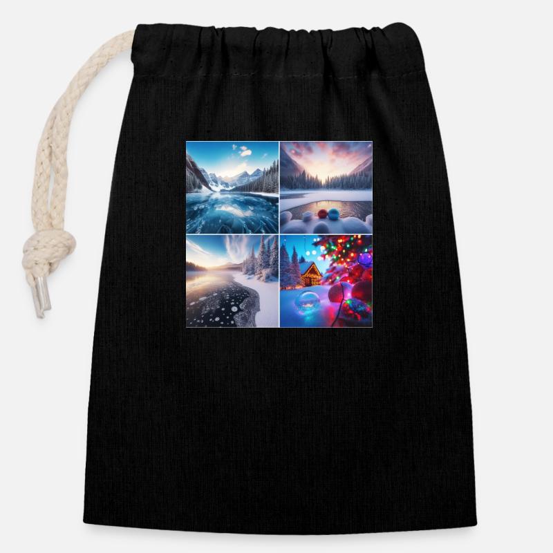 Noël au bord du lac - Sac cadeau en coton avec cordon (14 x 20 cm) - noir