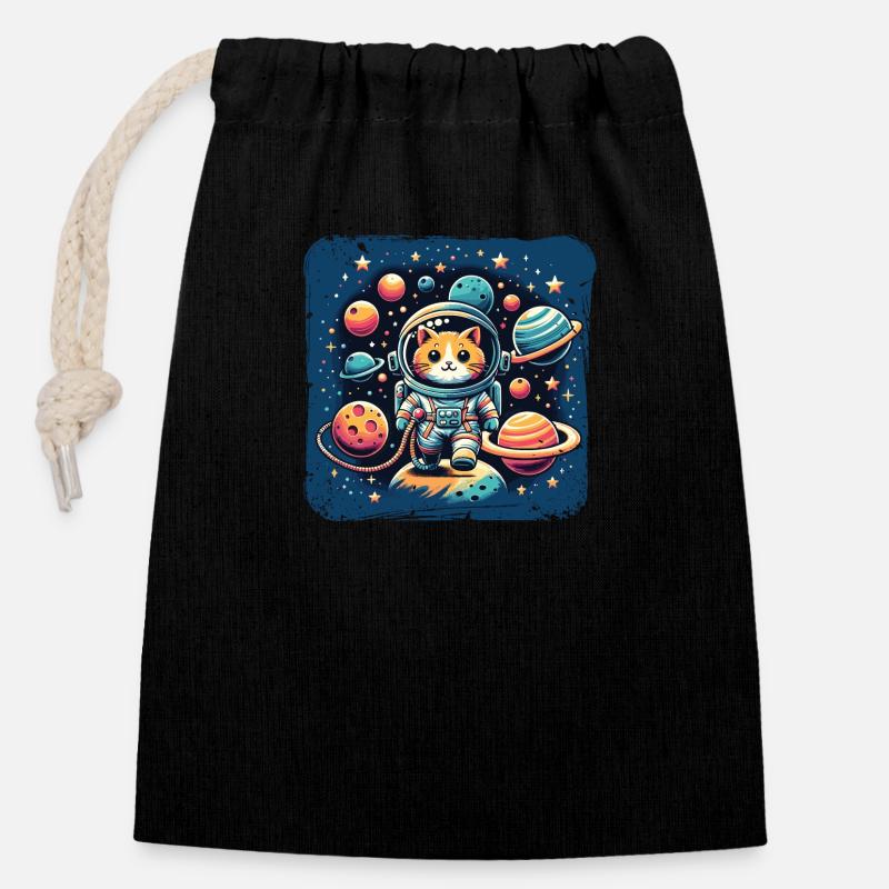 Kosmo Katze Astronaut Weltraum Mieze - Verschließbarer Geschenkbeutel aus Baumwolle (14x20cm) - Schwarz