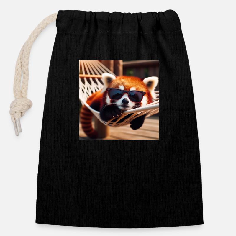 Roter Pandabär mit Sonnenbrille in Hängematte - Verschließbarer Geschenkbeutel aus Baumwolle (14x20cm) - Schwarz