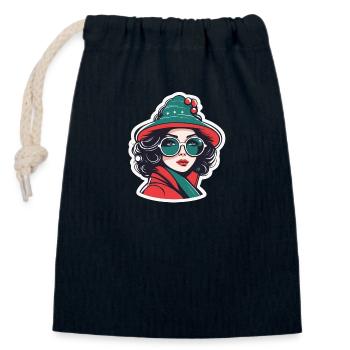 Girl Christmas Illustration - Closable cotton gift bag (14x20cm) - navy - Front