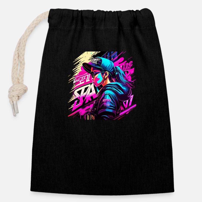 Graffitti Fille - Sac cadeau en coton avec cordon (14 x 20 cm) - noir