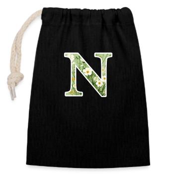 Lettre N, Monogramme, Motif Floral - Sac cadeau en coton avec cordon (14 x 20 cm) - noir - Devant