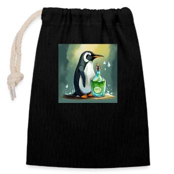 Pinguin mit einer Gin-Tonic-Flasche - Verschließbarer Geschenkbeutel aus Baumwolle (14x20cm) - Schwarz - Vorne