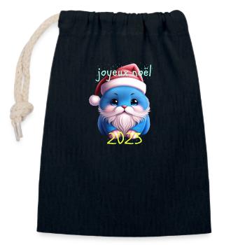 Chat père noël - Sac cadeau en coton avec cordon (14 x 20 cm) - bleu marine - Devant