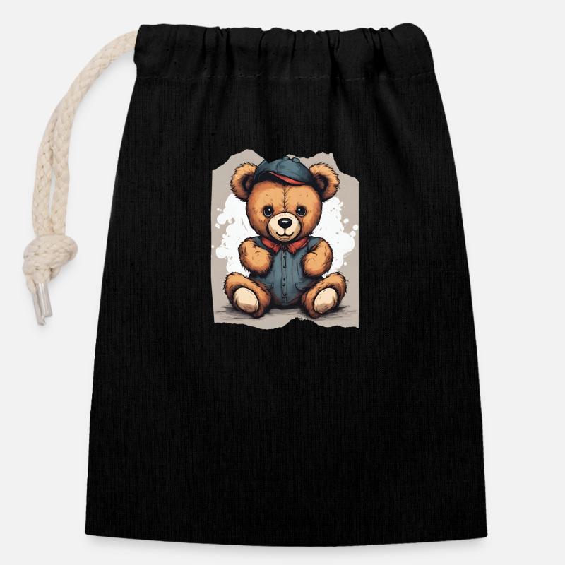 Denim Darling Teddy Bear Mignon Adorable Filles Cadeau - Sac cadeau en coton avec cordon (14 x 20 cm) - noir