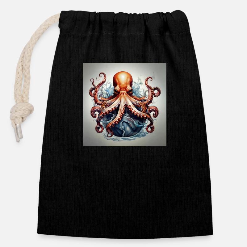 Pieuvre - Sac cadeau en coton avec cordon (14 x 20 cm) - noir