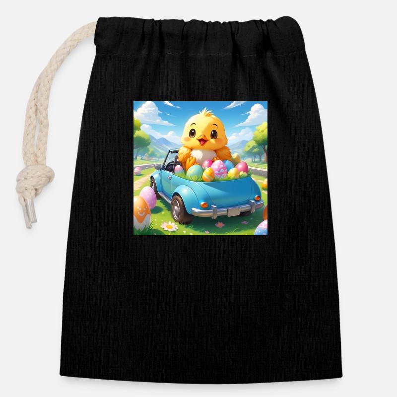 CHICK SITTING IN CAR - Closable cotton gift bag (14x20cm) - black