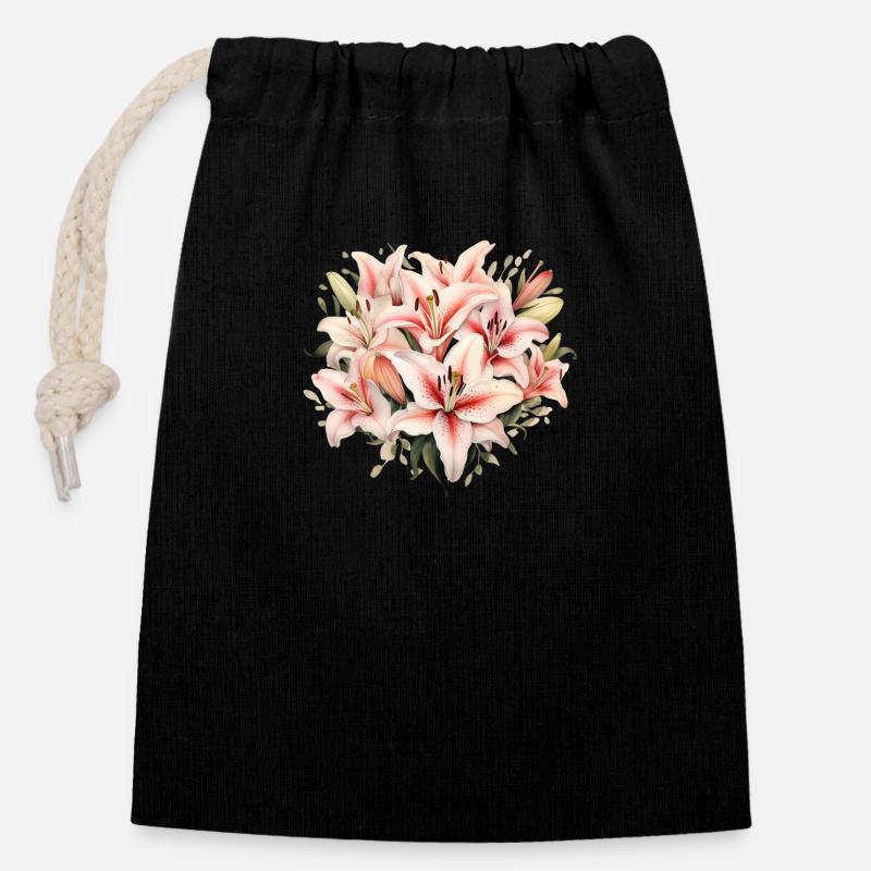 Bouquet de lys - Sac cadeau en coton avec cordon (14 x 20 cm) - noir