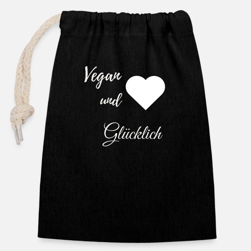 Vegan und Glücklich - Verschließbarer Geschenkbeutel aus Baumwolle (14x20cm) - Schwarz