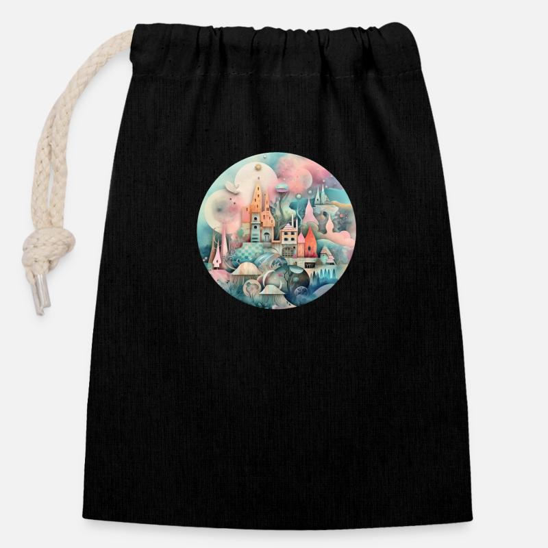 Collage of a Whimsical village - Closable cotton gift bag (14x20cm) - black