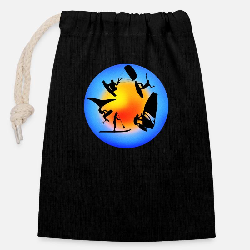 Rond jaune bleu wind wing kite sup surf - Sac cadeau en coton avec cordon (14 x 20 cm) - noir