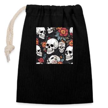 Totenkopf und Blumen - Verschließbarer Geschenkbeutel aus Baumwolle (14x20cm) - Schwarz - Vorne