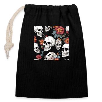 Totenkopf und Blumen - Verschließbarer Geschenkbeutel aus Baumwolle (14x20cm) - Schwarz - Vorne