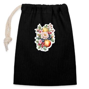 Blumen und Obst - Verschließbarer Geschenkbeutel aus Baumwolle (14x20cm) - Schwarz - Vorne