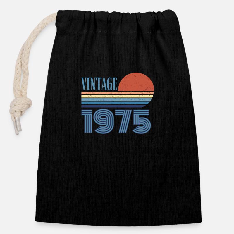 vintage 1975 - Sac cadeau en coton avec cordon (14 x 20 cm) - noir