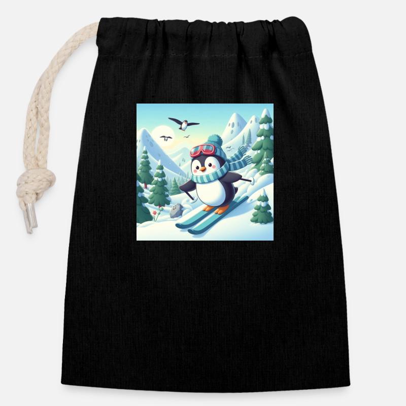Ski-Pinguin - Verschließbarer Geschenkbeutel aus Baumwolle (14x20cm) - Schwarz