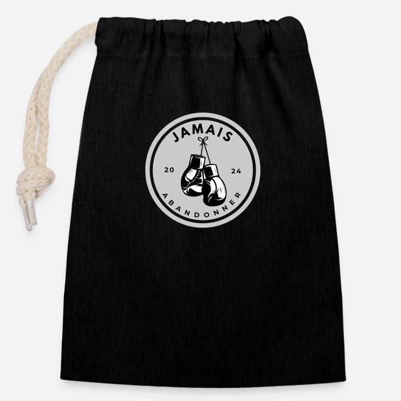 Boxe - Jamais Abandonner - Sac cadeau en coton avec cordon (14 x 20 cm) - noir