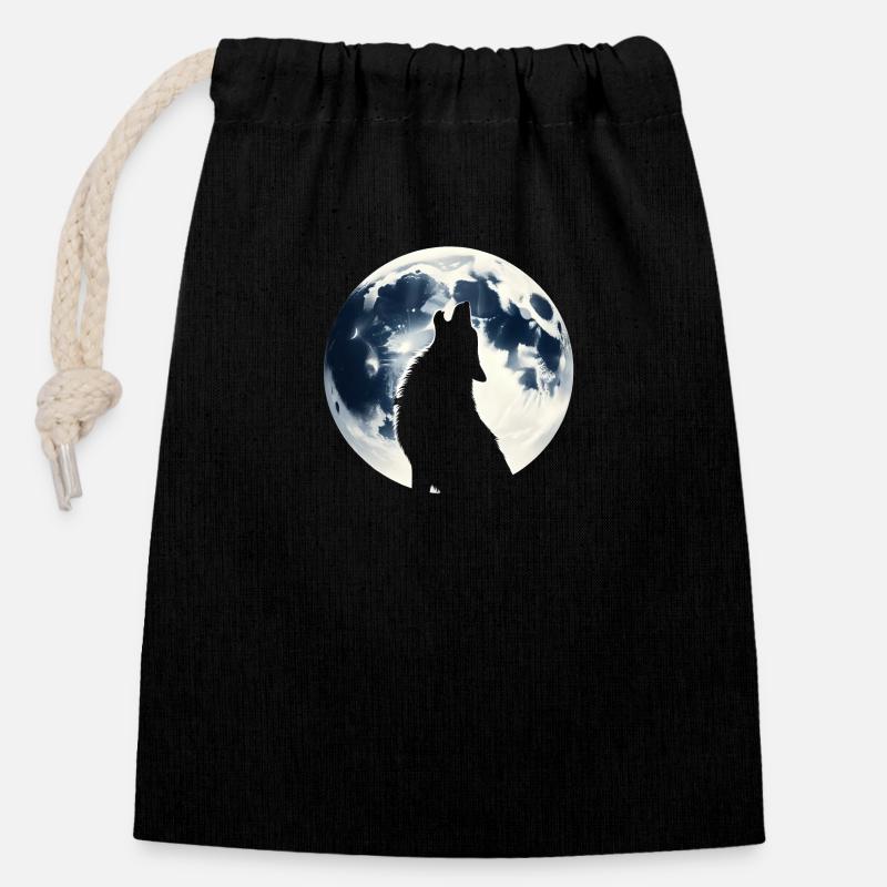 Wolf Howling At Full Moon - Closable cotton gift bag (14x20cm) - black