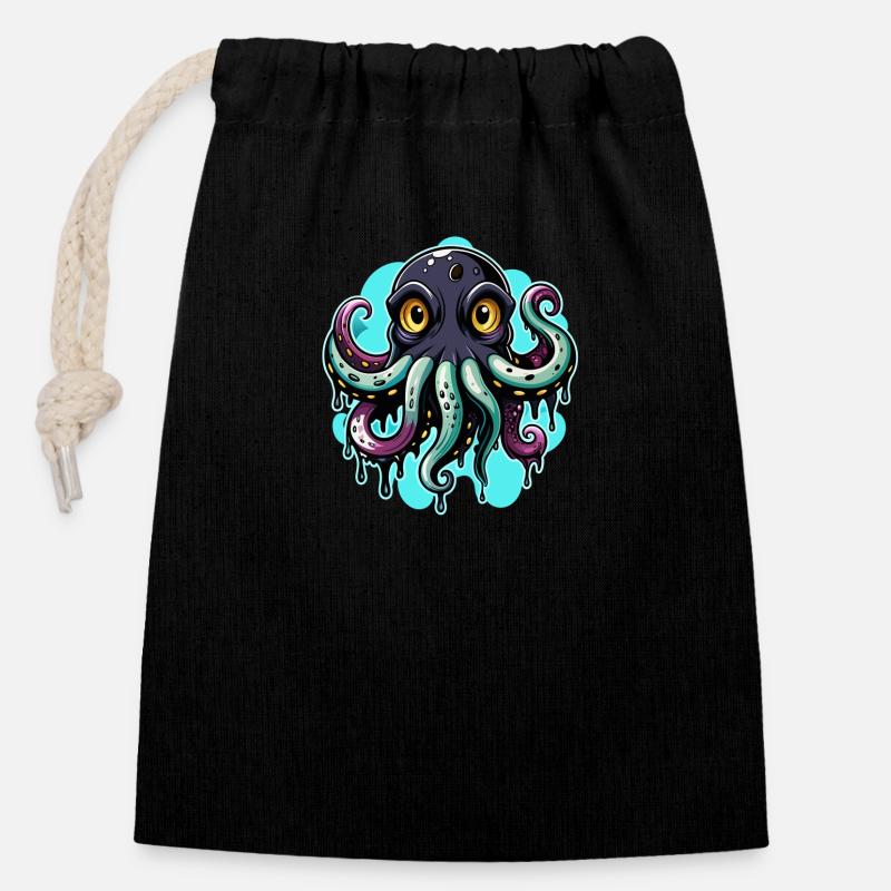 Pieuvre - Sac cadeau en coton avec cordon (14 x 20 cm) - noir